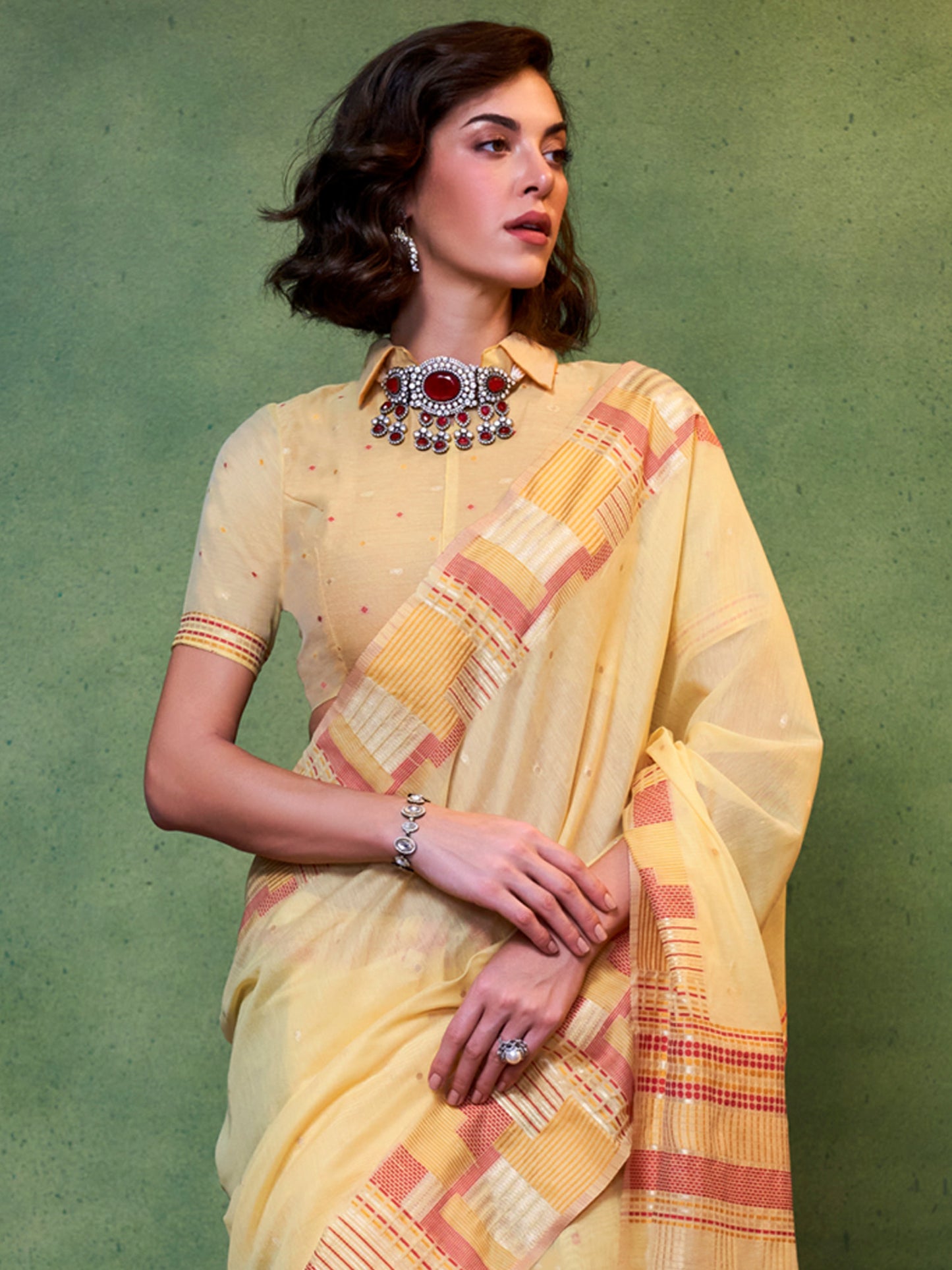 Women's Silk Blend Yellow Woven Design Designer Saree With Blouse Piece