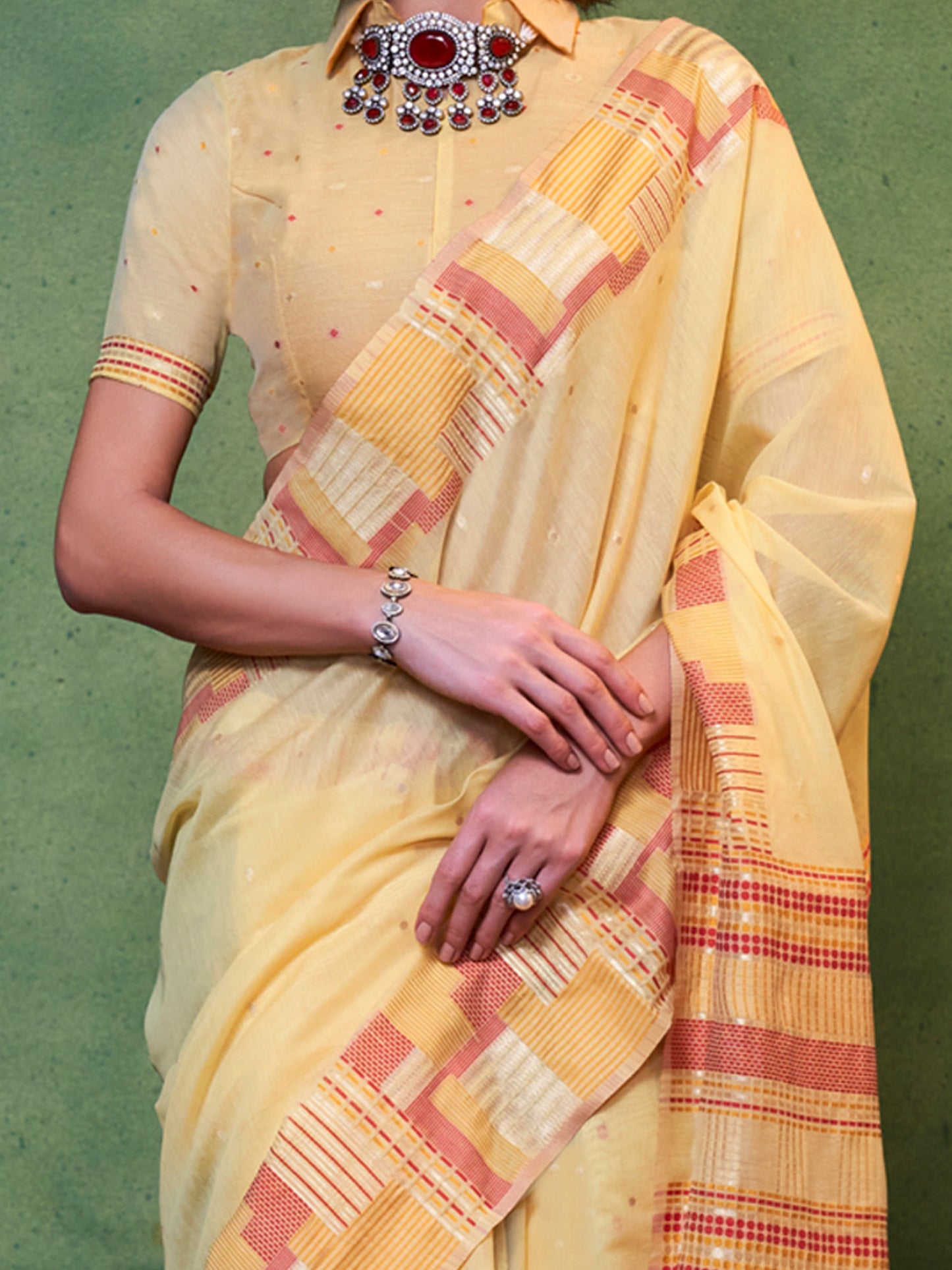 Women's Silk Blend Yellow Woven Design Designer Saree With Blouse Piece