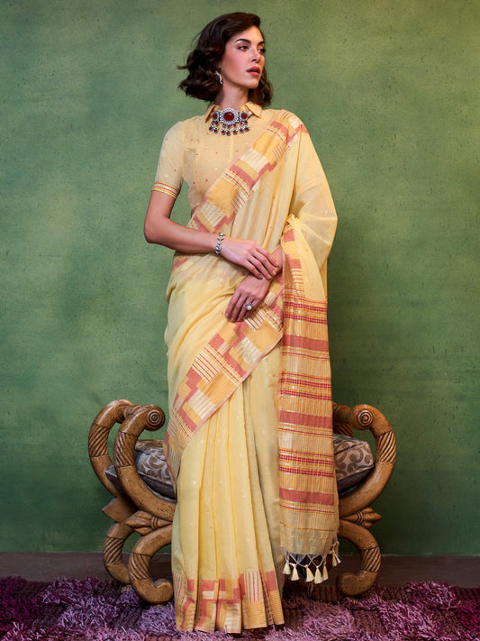 Women's Silk Blend Yellow Woven Design Designer Saree With Blouse Piece