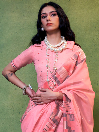 Women's Silk Blend Pink Woven Design Designer Saree With Blouse Piece