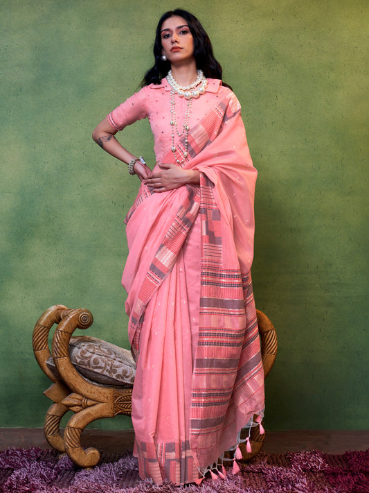 Women's Silk Blend Pink Woven Design Designer Saree With Blouse Piece