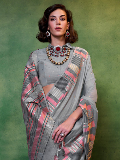 Women's Silk Blend Grey Woven Design Designer Saree With Blouse Piece