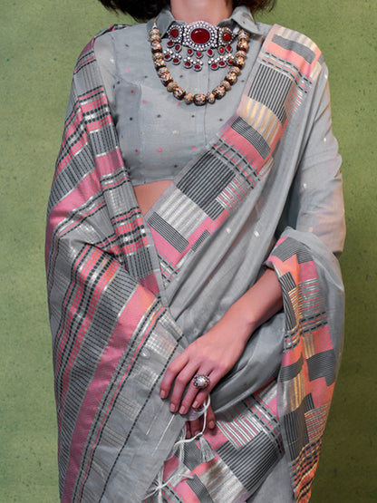 Women's Silk Blend Grey Woven Design Designer Saree With Blouse Piece