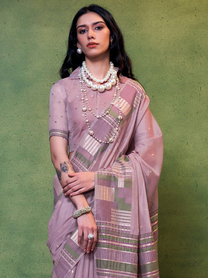 Women's Silk Blend Mauve Woven Design Designer Saree With Blouse Piece