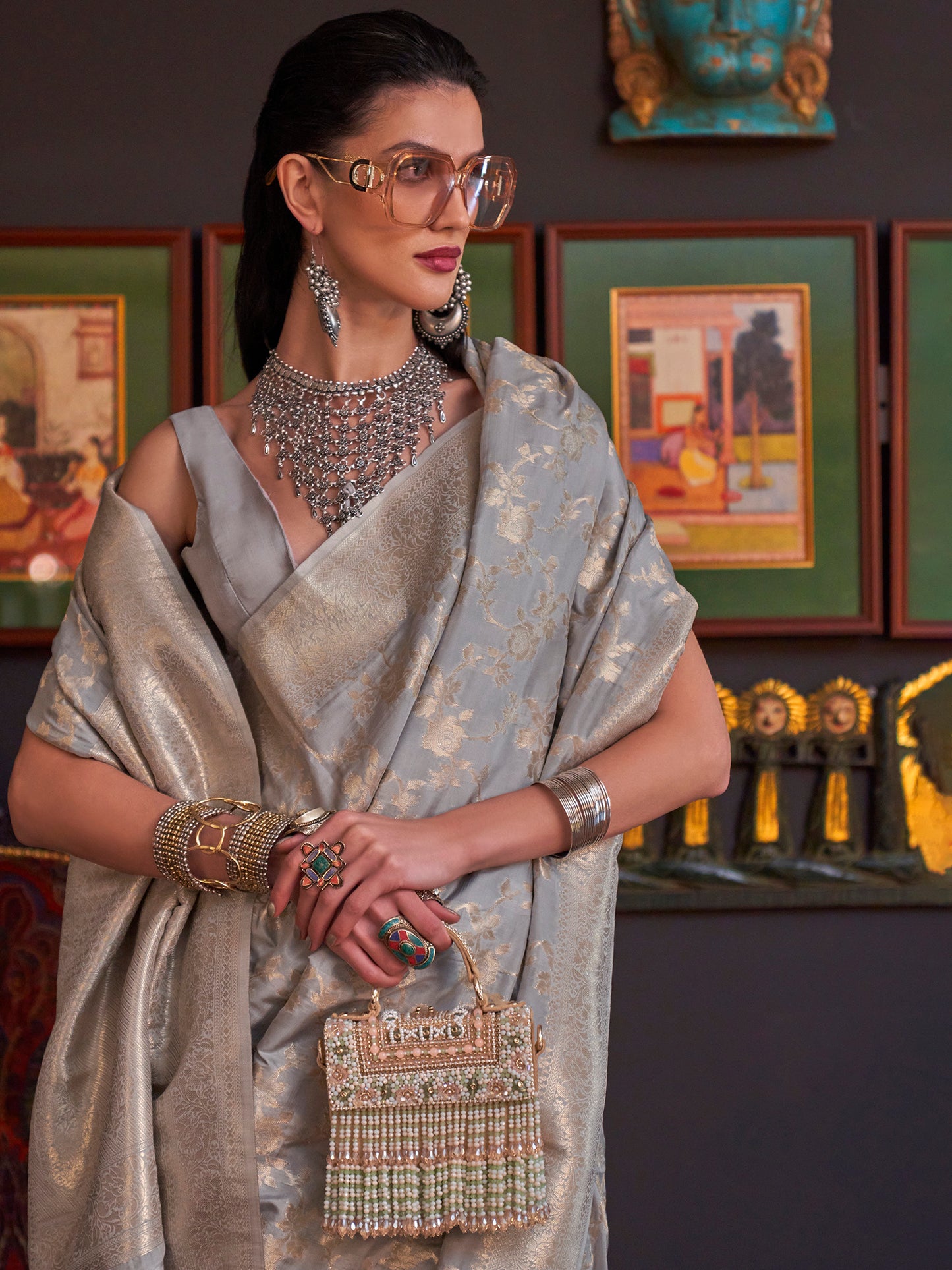 Women's Silk Blend Grey Woven Design Designer Saree With Blouse Piece