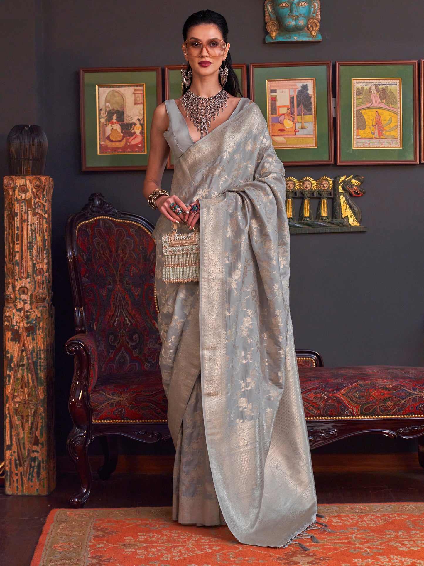 Women's Silk Blend Grey Woven Design Designer Saree With Blouse Piece