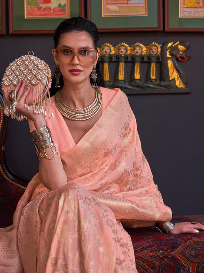Women's Silk Blend Peach Woven Design Designer Saree With Blouse Piece