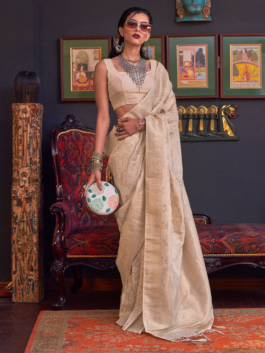Women's Silk Blend Cream Woven Design Designer Saree With Blouse Piece