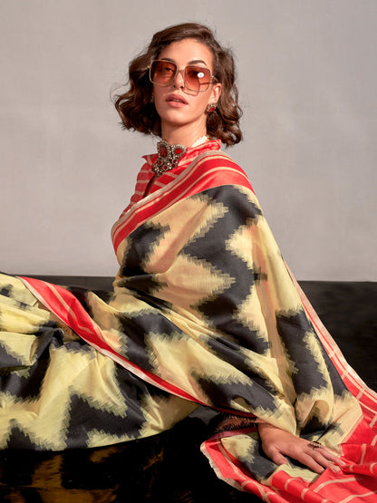 Women's Silk Blend Yellow Woven Design Designer Saree With Blouse Piece