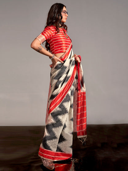 Women's Silk Blend Cream Woven Design Designer Saree With Blouse Piece