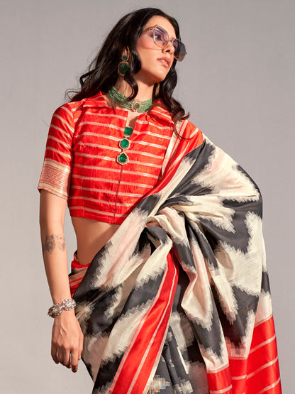 Women's Silk Blend Cream Woven Design Designer Saree With Blouse Piece
