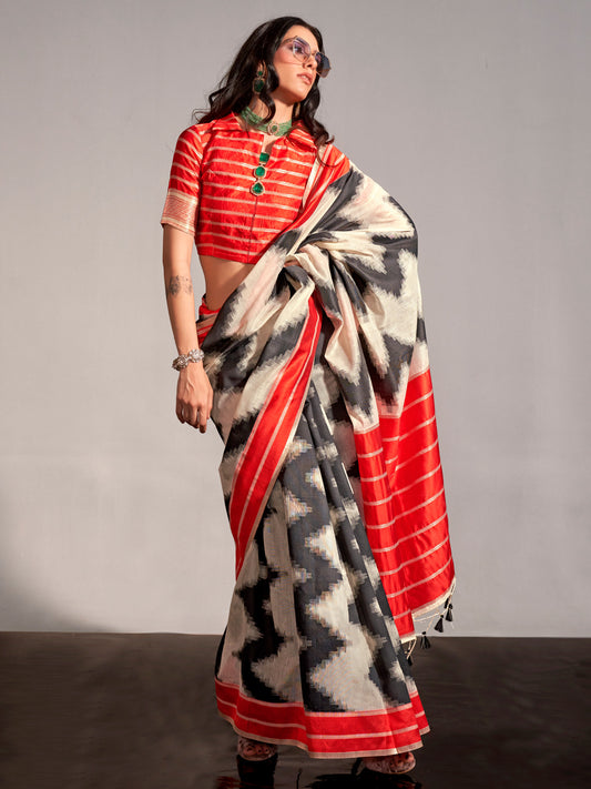 Women's Silk Blend Cream Woven Design Designer Saree With Blouse Piece
