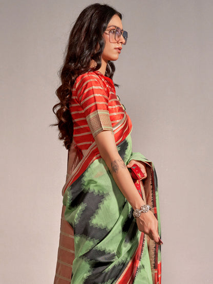 Women's Silk Blend Light Green Woven Design Designer Saree With Blouse Piece