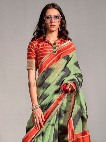 Women's Silk Blend Light Green Woven Design Designer Saree With Blouse Piece