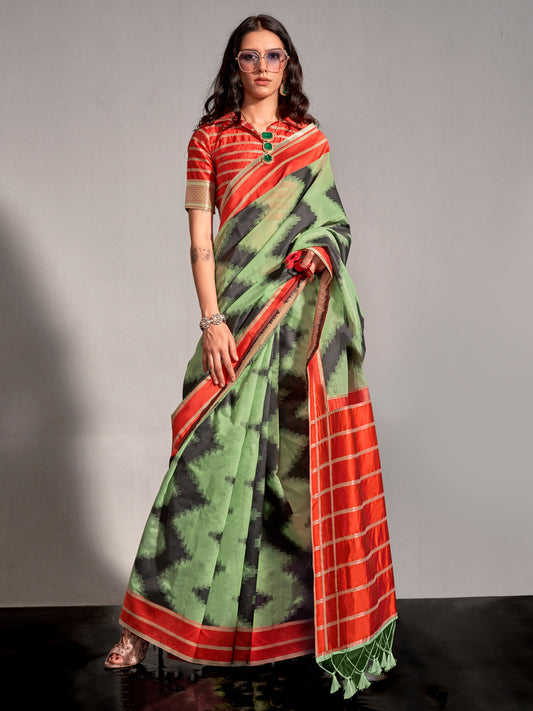 Women's Silk Blend Light Green Woven Design Designer Saree With Blouse Piece