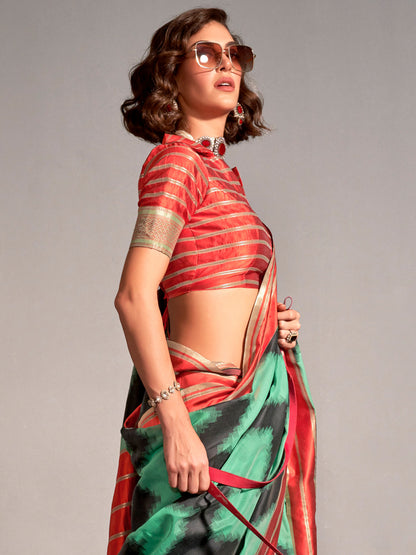 Women's Silk Blend Sea Green Woven Design Designer Saree With Blouse Piece