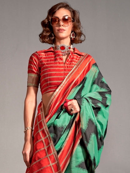Women's Silk Blend Sea Green Woven Design Designer Saree With Blouse Piece