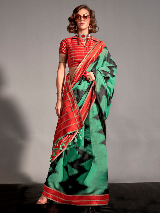 Women's Silk Blend Sea Green Woven Design Designer Saree With Blouse Piece