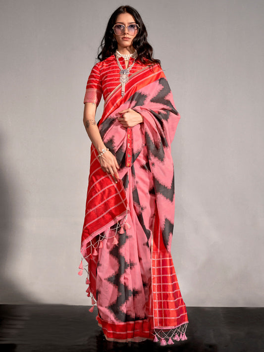 Women's Silk Blend Pink Woven Design Designer Saree With Blouse Piece