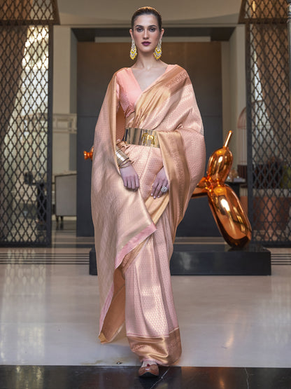 Women's Silk Blend Peach Woven Design Designer Saree With Blouse Piece