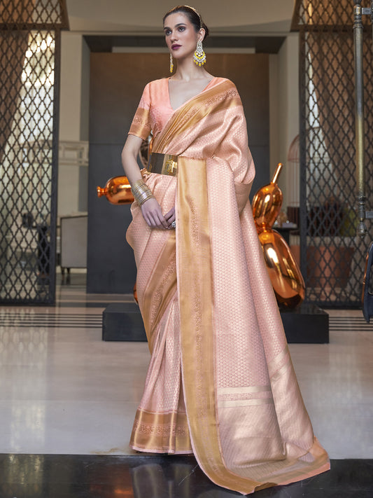 Women's Silk Blend Peach Woven Design Designer Saree With Blouse Piece