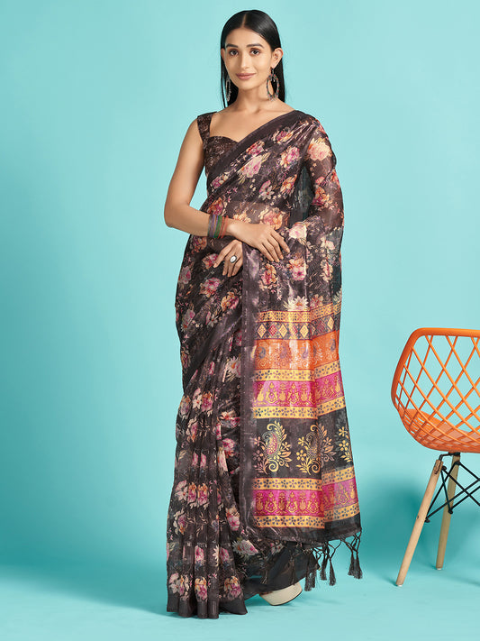 Women's Organza Brown Digital Print Designer Saree With Blouse Piece