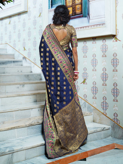 Women's Silk Blend Navy Blue Woven Design Designer Saree With Blouse Piece