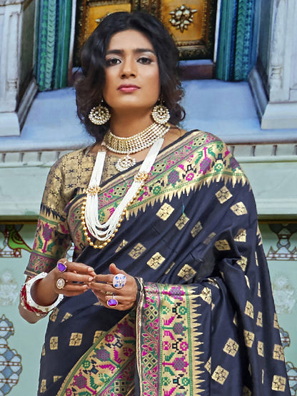 Women's Silk Blend Navy Blue Woven Design Designer Saree With Blouse Piece