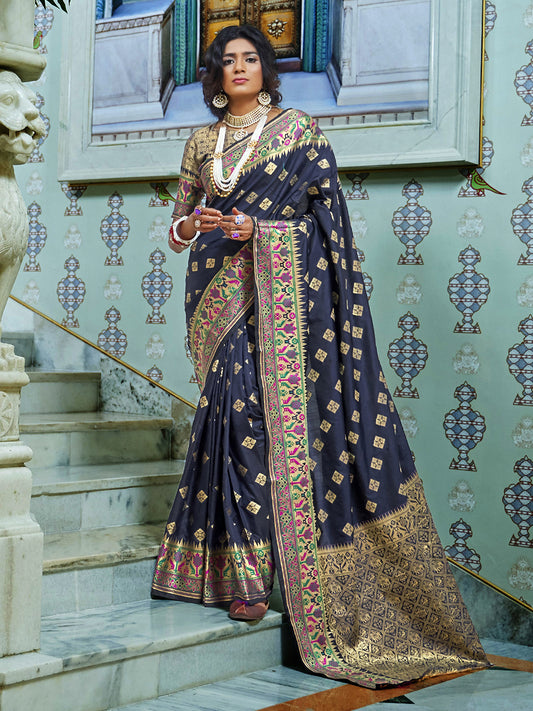 Women's Silk Blend Navy Blue Woven Design Designer Saree With Blouse Piece