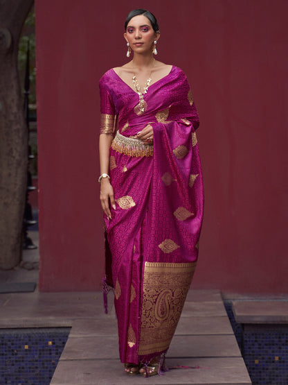 Women's Pure Silk Magenta Woven Design Designer Saree With Blouse Piece