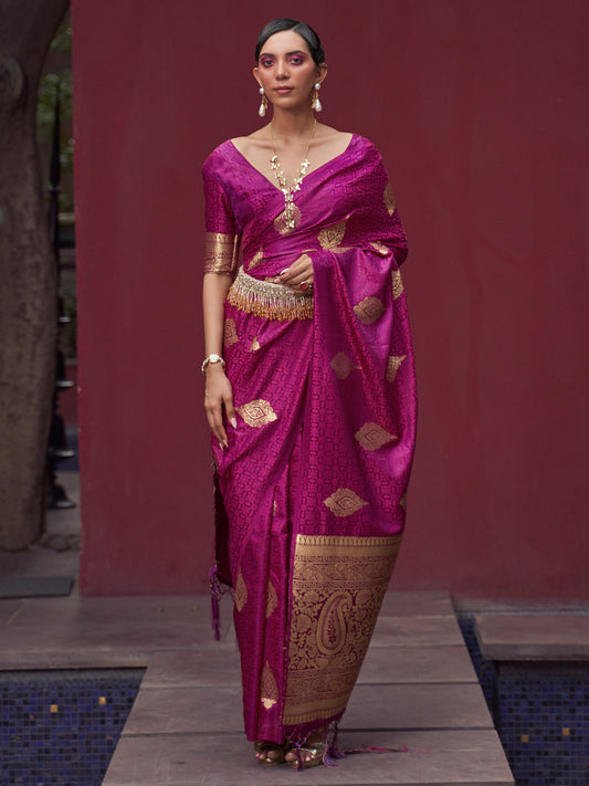 Women's Pure Silk Magenta Woven Design Designer Saree With Blouse Piece