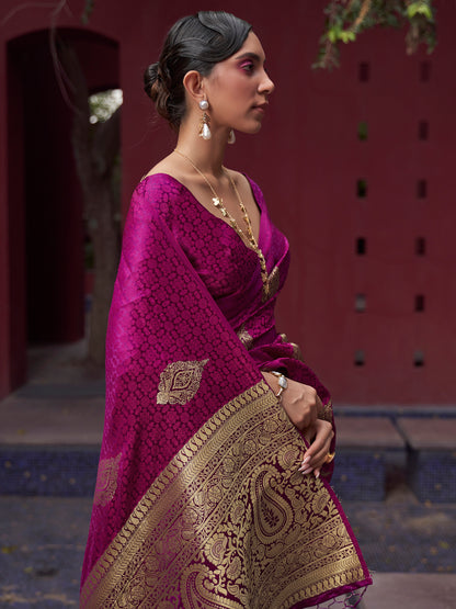 Women's Pure Silk Magenta Woven Design Designer Saree With Blouse Piece