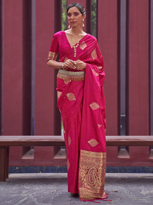 Women's Pure Silk Pink Woven Design Designer Saree With Blouse Piece