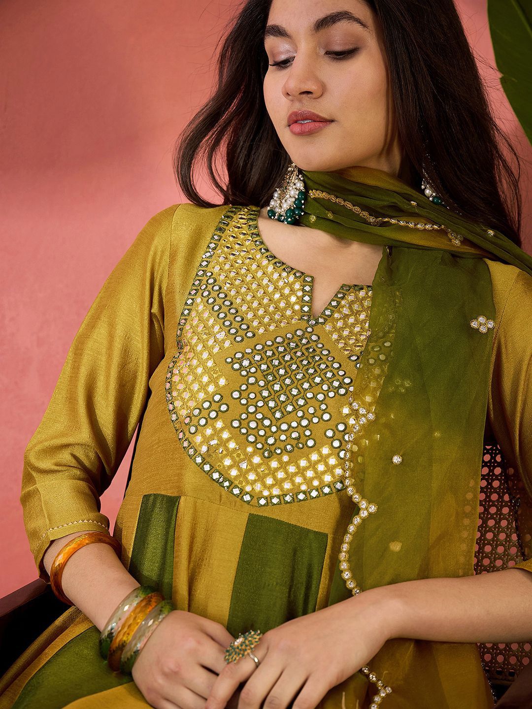 Dhiyona SN Women's Vichitra Thread Mirror Work Embroidery A Line Kurta With Trousers & Dupatta