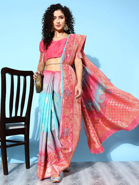 Women's Silk Blend Pink Woven Design Designer Saree With Blouse Piece