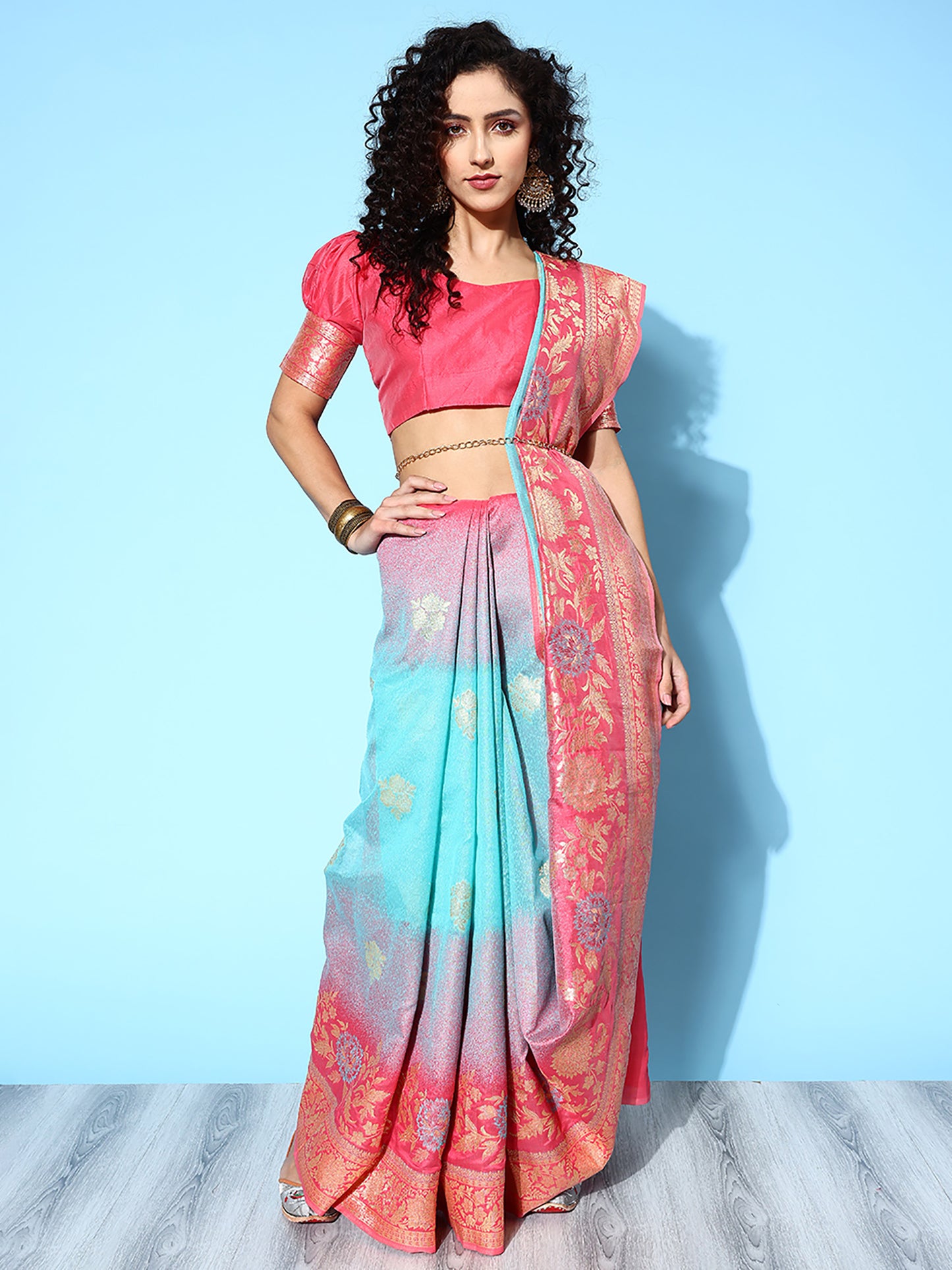 Women's Silk Blend Pink Woven Design Designer Saree With Blouse Piece