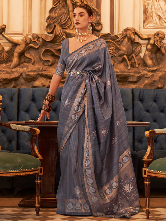 Women's Silk Blend Charcoal Grey Embellished Designer Saree With Blouse Piece