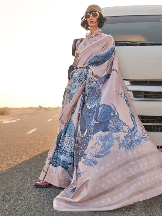 Women's Tissue Beige Printed Designer Saree With Blouse Piece