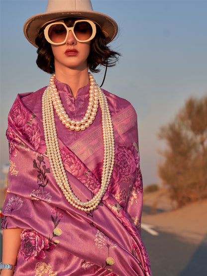 Women's Tissue Mauve Printed Designer Saree With Blouse Piece