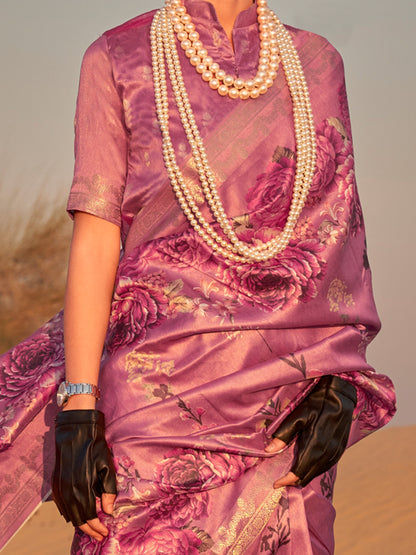 Women's Tissue Mauve Printed Designer Saree With Blouse Piece