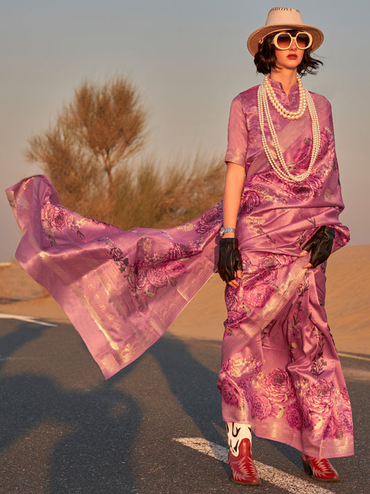 Women's Tissue Mauve Printed Designer Saree With Blouse Piece