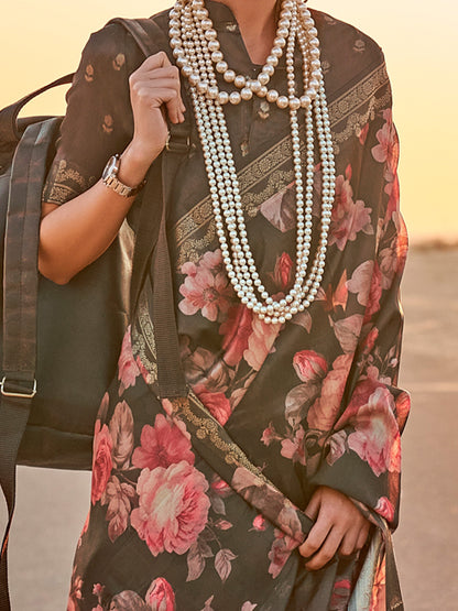 Women's Tissue Black Printed Designer Saree With Blouse Piece