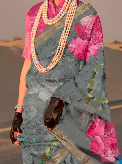Women's Tissue Grey Printed Designer Saree With Blouse Piece