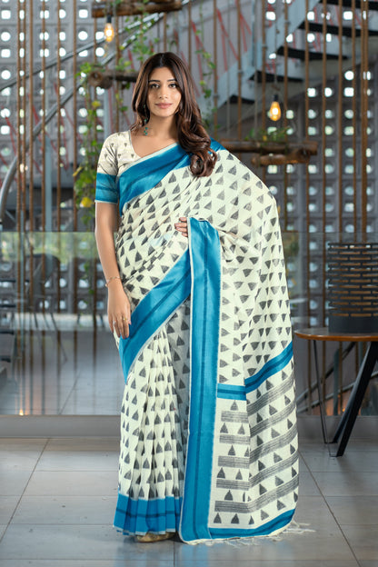 Dhiyona GR Women's Kimaya Cyan Blue Soft Cotton Block Woven Design Saree