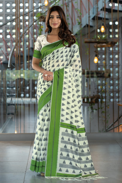 Dhiyona GR Women's Kimaya Grass Green Soft Cotton Block Woven Design Saree