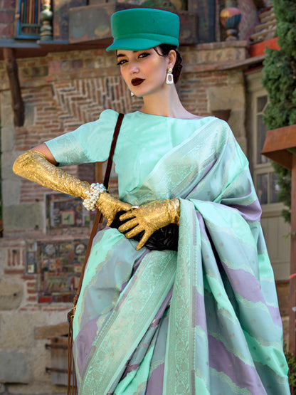 Women's Soft Silk Sea Green Woven Design Designer Saree With Blouse Piece