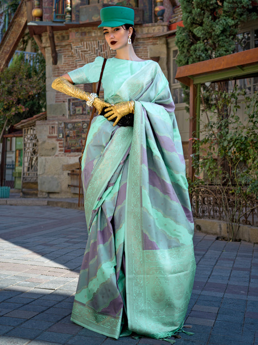 Women's Soft Silk Sea Green Woven Design Designer Saree With Blouse Piece
