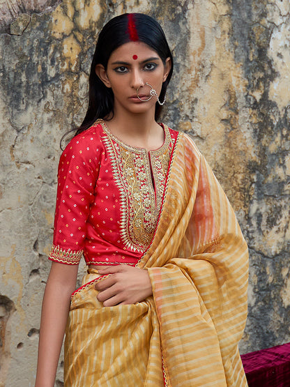 Women's Organza Mustard Embellished Designer Saree With Blouse Piece