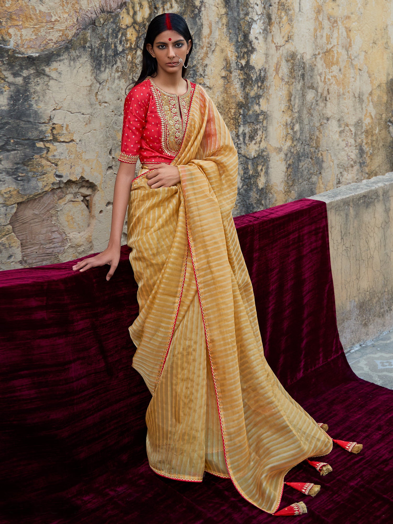 Women's Organza Mustard Embellished Designer Saree With Blouse Piece