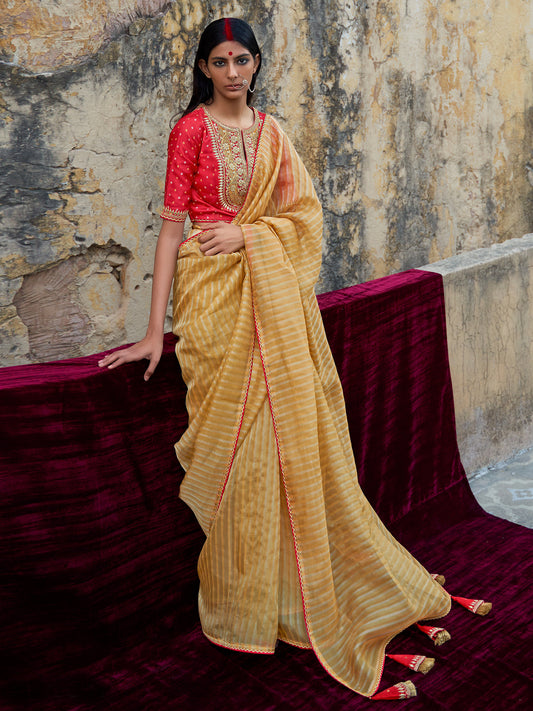 Women's Organza Mustard Embellished Designer Saree With Blouse Piece